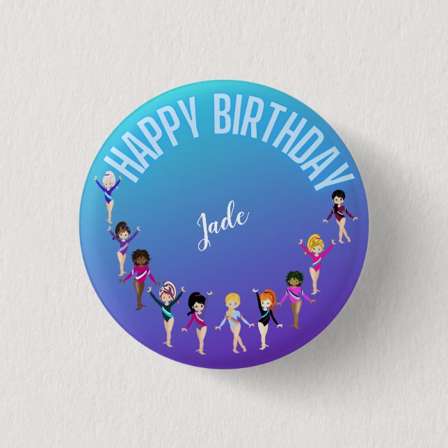 Macaron Rond 2,50 Cm Gymnastique Amis "Joyeux Anniversaire" Turquoise (Devant)