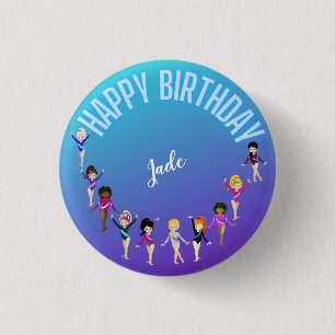 Macaron Rond 2,50 Cm Gymnastique Amis "Joyeux Anniversaire" Turquoise