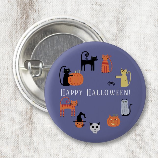Macaron Rond 2,50 Cm Halloween Chat Éffrayant (Happy Halloween fun cat button)