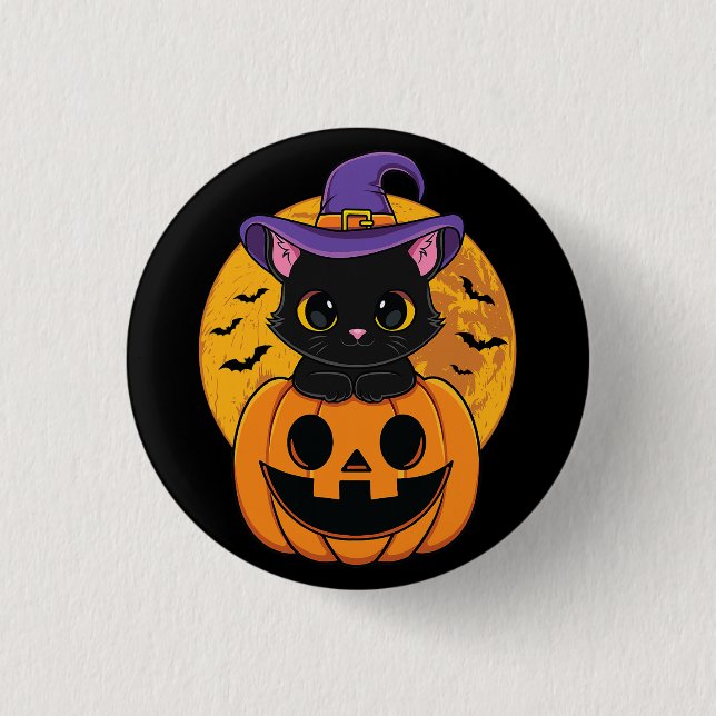 Macaron Rond 2,50 Cm Halloween Chat Noir Sorcière Casquette Citrouille  (Devant)