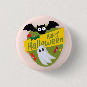 Macaron Rond 2,50 Cm Happy Halloween chauve et fantôme   Bouton de broc