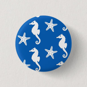Macaron Rond 2,50 Cm Hippocampe et étoiles de mer - blanc sur le bleu