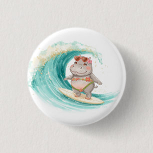 Macaron Rond 2,50 Cm Hippopotame en bikini de Noël faisant du surf sur
