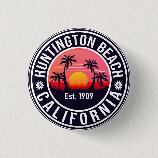 Macaron Rond 2,50 Cm Huntington Beach California Retro Sunset Souvenirs (Devant)
