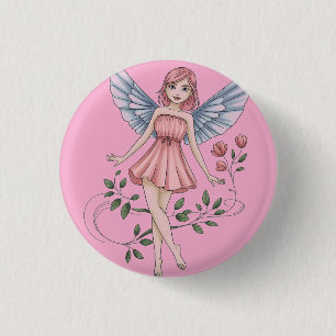 Macaron Rond 2,50 Cm Illustration de fée avec robe rose et ailes