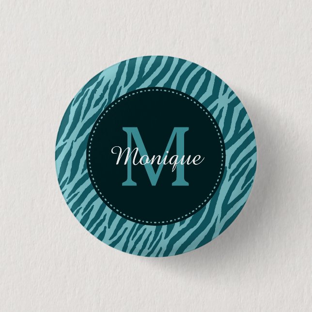 Macaron Rond 2,50 Cm Impression Zèbre Turquoise avec Monogramme et nom (Devant)