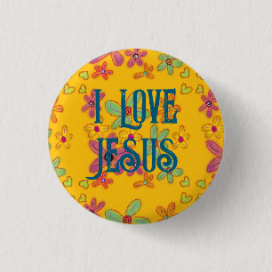 Macaron Rond 2,50 Cm J'aime Jésus Fille Chrétienne Fleurs Motif Jaune
