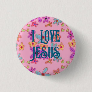 Macaron Rond 2,50 Cm J'aime Jésus Fille Chrétienne Rose Floral