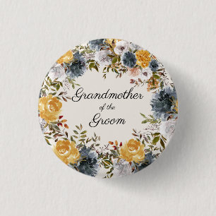 Macaron Rond 2,50 Cm Jaune bleu peint à la main Floral Grand-mère Groom
