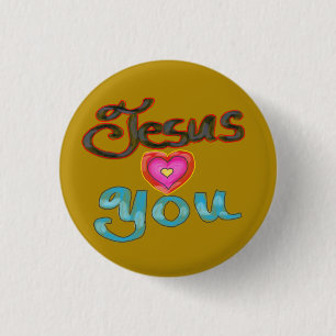 Macaron Rond 2,50 Cm « Jésus vous aime » avec cœur rose sur fond or 