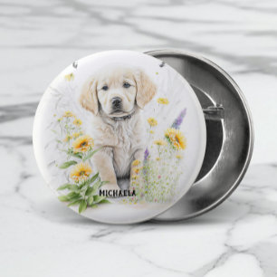 Macaron Rond 2,50 Cm Jeune chiot Golden Retriever et monogramme de fleu