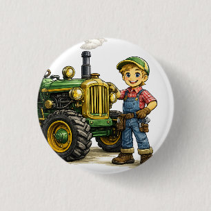Macaron Rond 2,50 Cm Joli Garçon Fermier Avec Art de Tracteur Vert Vint