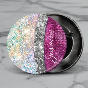 Macaron Rond 2,50 Cm Joli monogramme iridescent rose argent faux paille