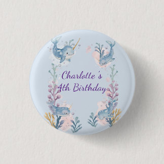 Macaron Rond 2,50 Cm Joli narval aquarelle baleine poisson mer sans cou