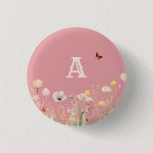 Macaron Rond 2,50 Cm Jolies couleurs Aquarelle Fleurs sauvages et Monog