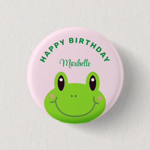 Macaron Rond 2,50 Cm Joyeuse Grenouille d'anniversaire mignonne rose
