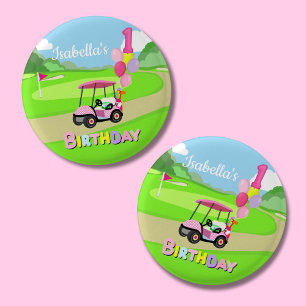 Macaron Rond 2,50 Cm Joyeux 1er Anniversaire Golf Fille Rose Pois 