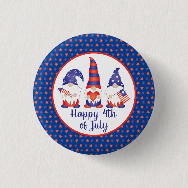 Macaron Rond 2,50 Cm Joyeux 4 juillet Gnomes Rouge Blanc Bleu (Devant)