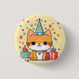 Macaron Rond 2,50 Cm Joyeux anniversaire au chat de fête mignon,