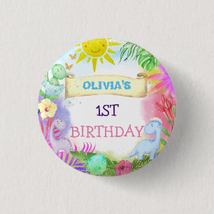 Macaron Rond 2,50 Cm Joyeux Anniversaire Petite Fille aux Dinosaures Mi