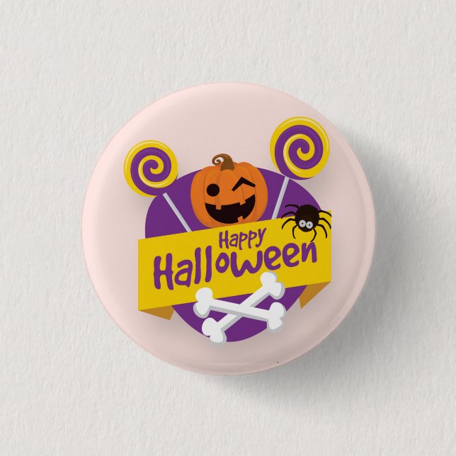 Macaron Rond 2,50 Cm Joyeux Citrouille d'Halloween et araignée | Bouton (Devant)
