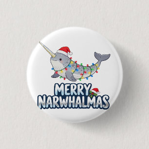 Macaron Rond 2,50 Cm Joyeux Narwhalmas portant un chapeau de Père Noël