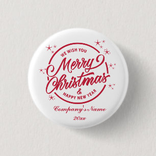 Macaron Rond 2,50 Cm Joyeux Noël et Bonne Année, Typographie Rouge
