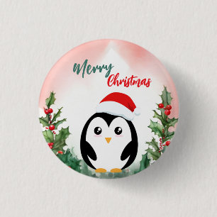 Macaron Rond 2,50 Cm Joyeux Noël mignon pingouin rouge Santa fête de No