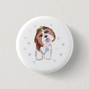 Macaron Rond 2,50 Cm Joyeux Noël Shih Tzu avec flocon de neige Porte-cl