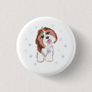 Macaron Rond 2,50 Cm Joyeux Noël Shih Tzu Avec Porte - clé Snowflake