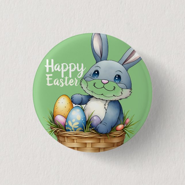 Macaron Rond 2,50 Cm Joyeux Pâques, Lapin Dans Le Panier D'Oeufs (Devant)