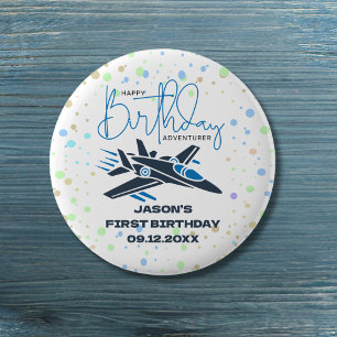 Macaron Rond 2,50 Cm Joyeux premier anniversaire Jet Fighter Avion Bleu