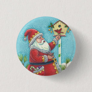 MACARON ROND 2,50 CM KRIS KRINGLE REDBIRDS, BOUTON D'OISEAU DE NOËL