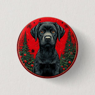 Macaron Rond 2,50 Cm Labrador noir de Noël avec des arbres de fête