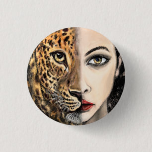 Macaron Rond 2,50 Cm Leopard Girl Visage Imaginaire Peinture Art animal