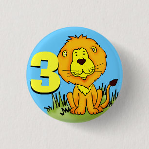 Macaron Rond 2,50 Cm Lion age 3 bouton d'anniversaire orange jaune bleu