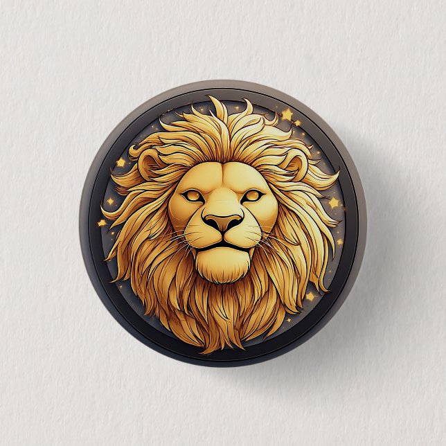 Macaron Rond 2,50 Cm Lion d'Or à l'Intérieur du Cercle Cosmique (Devant)