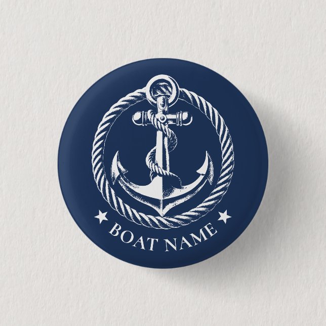 Macaron Rond 2,50 Cm Logo d'Ancres nautiques Nom du bateau bleu marine (Devant)