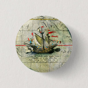 Macaron Rond 2,50 Cm Magellans navire Victoria, Antique Carte Océan Pac