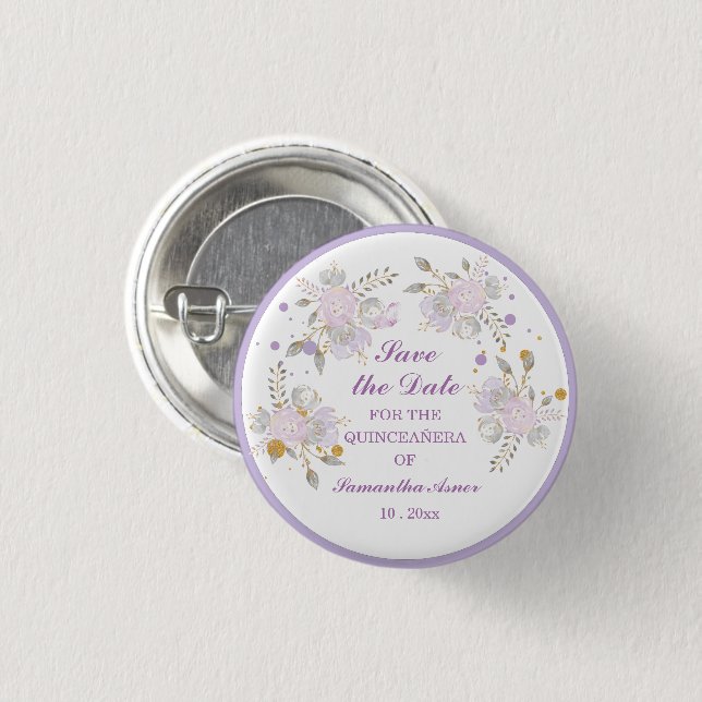Macaron Rond 2,50 Cm Magnet Réservez la date personnalisée pour Quincea (Devant & derrière)