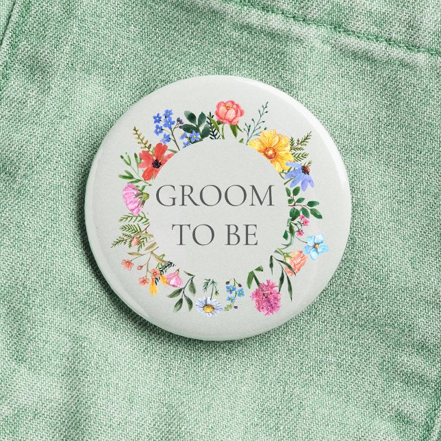 Macaron Rond 2,50 Cm Mariage du marié à la fleur sauvage  (Groom to be Wildflower Watercolor Floral Wreath Wedding Button)