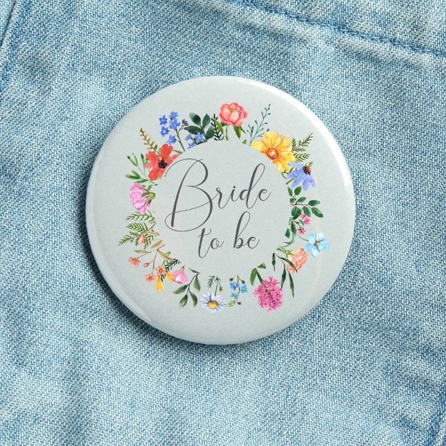 Macaron Rond 2,50 Cm Mariée Fleur Sauvage à Venir Écriture Mariage  (Bride to be Wildflower Watercolor Floral Wreath Wedding Button)