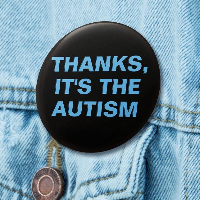 Macaron Rond 2,50 Cm Merci, c'est le slogan bleu Autism Black (Mockup of pin on denim jacket)
