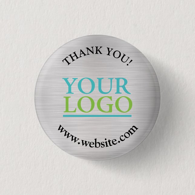 Macaron Rond 2,50 Cm Merci, Votre Logo, Nom Site Web, Argent Brossé (Devant)