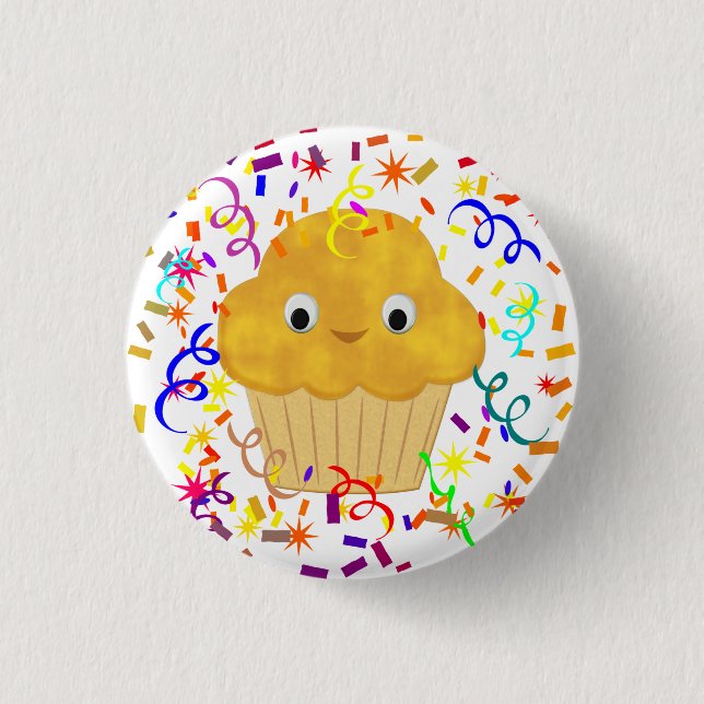 Macaron Rond 2,50 Cm Mignonne Muffin De Maïs Caricaturé Avec Confetti (Devant)