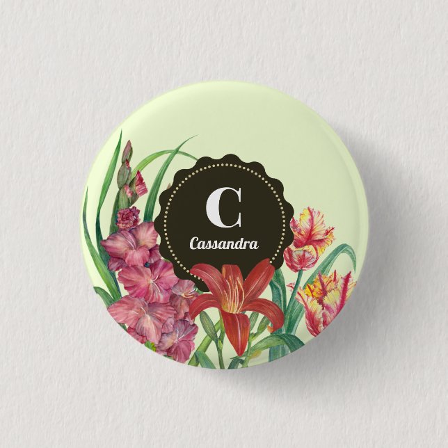 Macaron Rond 2,50 Cm Monogramme Couleur chaude initiale Florale Printem (Devant)