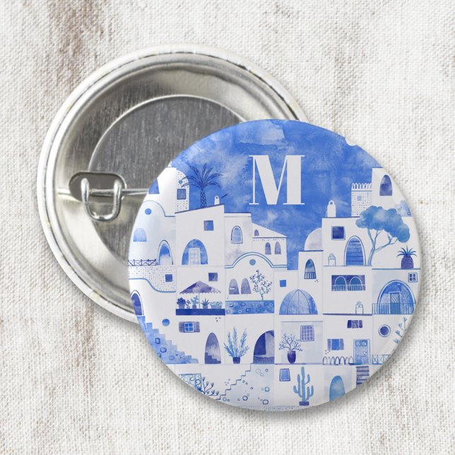 Macaron Rond 2,50 Cm Monogramme d'aquarelle de Santorin Grèce (Monogram initial blue and white watercolor Oia Santorini button)