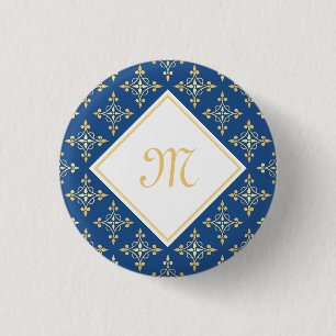 Macaron Rond 2,50 Cm Monogramme de luxe Blue et Gold Quatre Floral