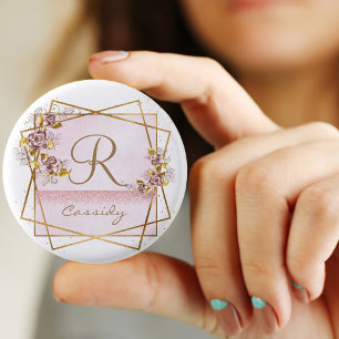 Macaron Rond 2,50 Cm Monogramme de rose pailleté or rose élégant
