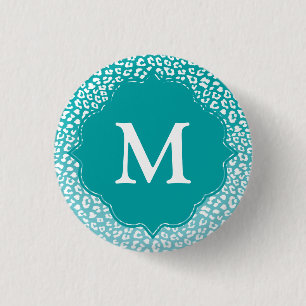 Macaron Rond 2,50 Cm Monogramme Empreinte de léopard Turquoise